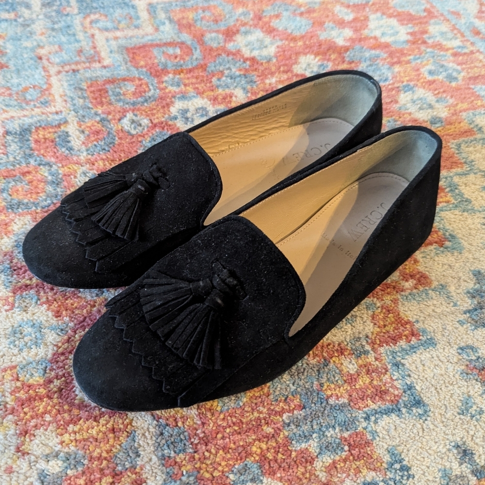J.Crew Women's 6 Suede Leather Black Slip On Tassel Loafers Made In Italy